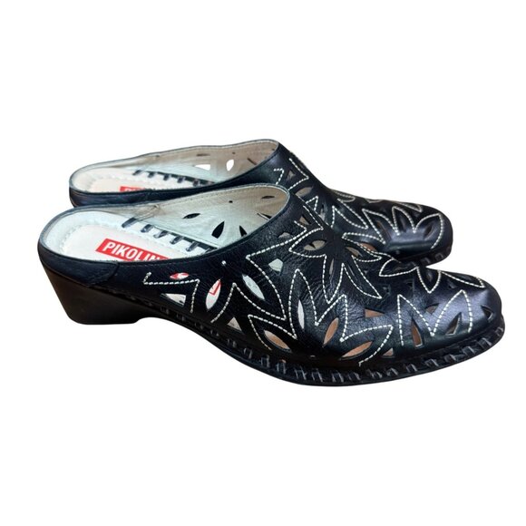 Pikolinos Women's Black Leather Laser Cut Floral Slip On Mule.EU 37 US 6 - Picture 1 of 11